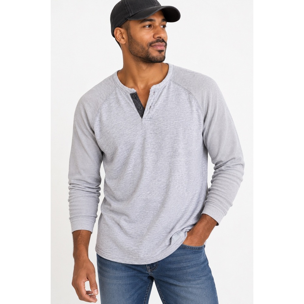 Sean John Men XL Gray Henley Shirt Y2K Hip Hop Streetwear Raglan Waffle Knit